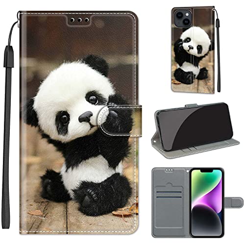 Everainy Kompatibel für iPhone 13 (6.1")/iPhone 14 (6.1") Hülle Silikon Leder Flip Case Cover Brieftasche Wallet Kartenfach Muster Motiv Klappbar Magnetisch Hüllen Stoßfest Bumper Handyhülle (Panda) von Everainy-EU