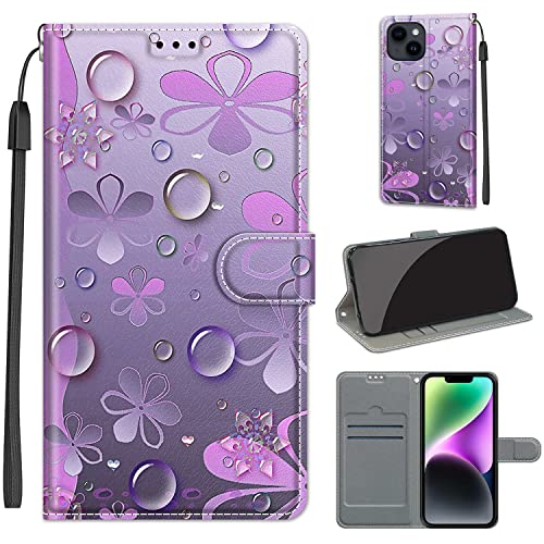 Everainy Kompatibel für iPhone 13 (6.1")/iPhone 14 (6.1") Hülle Silikon Leder Flip Case Cover Brieftasche Wallet Kartenfach Muster Motiv Klappbar Magnetisch Hüllen Stoßfest Bumper Handyhülle (lila) von Everainy-EU