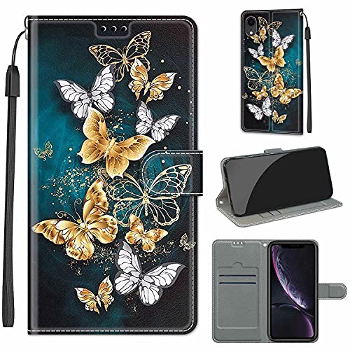 Everainy Kompatibel für iPhone XR Hülle Silikon Leder Flip Case Cover Brieftasche Wallet Kartenfach Kickstand Muster Motiv Klappbar Magnetisch Hüllen Stoßfest Bumper Handyhülle (Schmetterling 1) von Everainy-EU