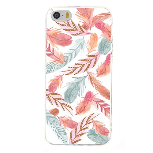 Everainy Kompatibel für iPhone 5/iPhone 5s/iPhone SE 2016 Hülle Silikon Durchsichtig Bumper Gummi Case Cover Hüllen Handyhülle Stoßfest TPU Transparent Muster Schutzhülle (Feder) von Everainy