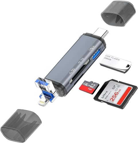 6-in-1 SD Kartenleser, 3 Stecker USB A/USB C/Lightning Kartenlesegerät Highspeed OTG Adapter, unterstützt SDHC/SDXC/MMC/USB-Sticks von Everdigi