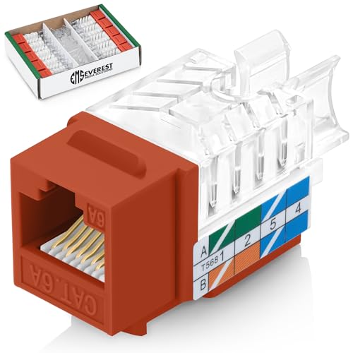 Everest Media Solutions 45 Grad abgewinkelte CAT6A Keystone-Buchse in Orange – schlankes Profil, UTP-RJ45-Buchse Ethernet-Anschluss – kompatibel mit Geschwindigkeitsabschluss-Werkzeug – 45 Term – 10 von Everest Media Solutions