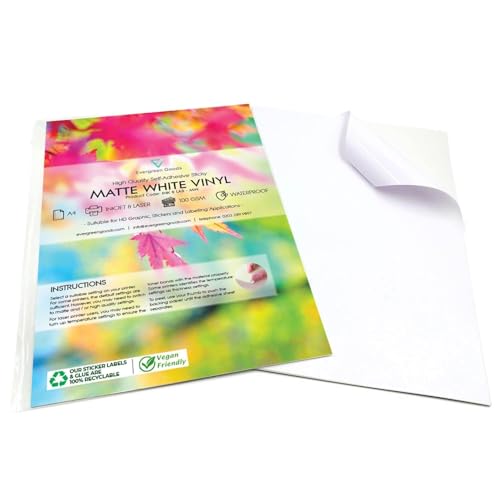 Evergreen Goods 100 Blatt A4 mattweißes, wasserfestes, selbstklebendes Vinyl-Aufkleberpapier, sehr robustes Druckpapier für Tintenstrahl- und Laserdrucker, Aufkleberbögen für Etiketten Aufkleberdruck von Evergreen Goods Ltd