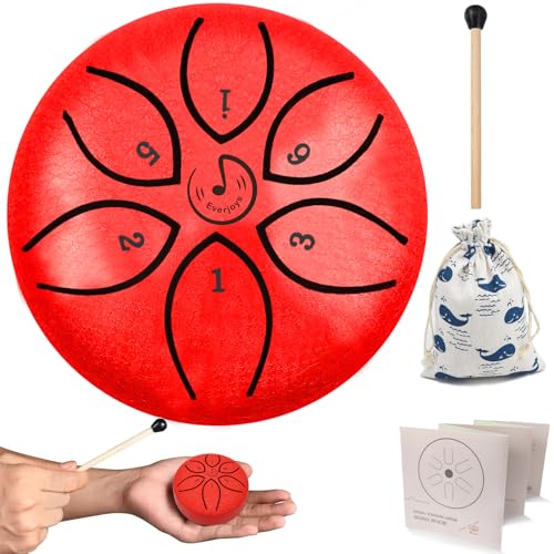 Steel Tongue Drum 3 Inch 6 Notes C-Key Handpan Drum Percussion Instrument Ethereal Drum with Cloth Bag,Music Book and Mallets, Music Gift for Kids(3inch, Red) von Everjoys