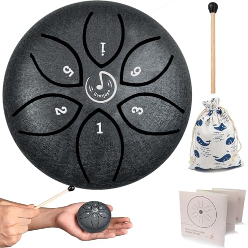 Steel Tongue Drum 3 Inch 6 Notes C-Key Handpan Drum Percussion Instrument Ethereal Drum with Cloth Bag,Music Book and Mallets, Music Gift for Kids(3inch，Black) von Everjoys