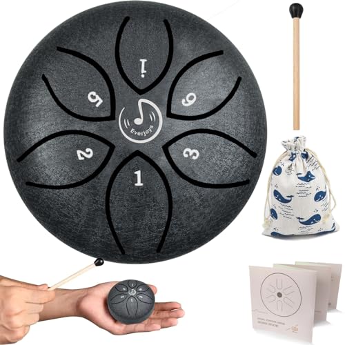 mini steel tongue drum Regentrommel Stahlzungentrommel 3 Zoll 6 Töne C-Key Handpan Drum Percussion Instrument Ätherische Trommel mit Stofftasche, Musikbuch und Schlägel, Musik Geschenk für Kinder von Everjoys