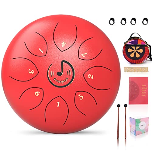 Steel Tongue Drum 6 Zoll 8 Tone C-Key Zungentrommel Schlagzeug Instrument Handtrommel HandPan Drum mit Trommelschlägeln Tragetasche Notenbuch für Meditation Yoga Klangheilung（Rot） von Everjoys