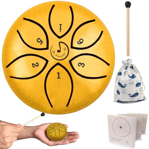mini steel tongue drum Regentrommel Stahlzungentrommel 3 Zoll 6 Töne C-Key Handpan Drum Percussion Instrument Ätherische Trommel mit Stofftasche, Musikbuch und Schlägel, Musik Geschenk für Kinder von Everjoys