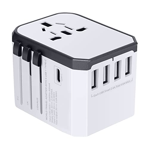 Evershop Reiseadapter Reisestecker Weltweit 224+ Ländern 5.6A Fast Charge Universal Travel Adapter mit 4 USB Ports+Typ C+AC Steckdosen Internationale Netzadapter für USA Deutschland Europa UK Thailand von Evershop