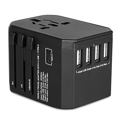 Reiseadapter Reisestecker Weltweit 224+ Ländern 5.6A Fast Charge Universal Travel Adapter mit 4 USB Ports+Typ C und AC Steckdosenadapter Internationale Netzadapter für USA EU Deutschland Thailand Usw von Evershop