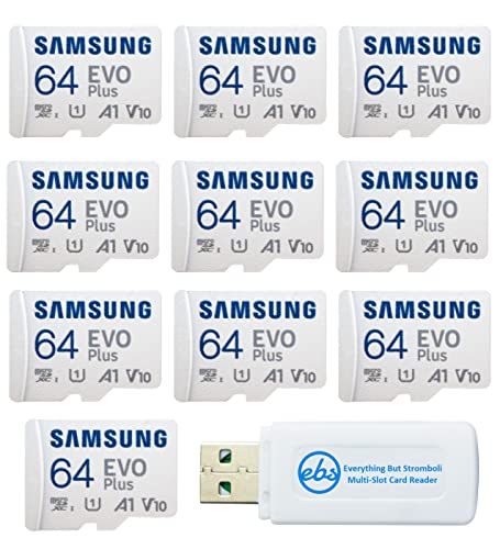 Samsung 64 GB Evo Plus MicroSD-Karte (10 Stück EVO+ Bundle) Class 10 UHS-I SDXC Speicherkarte für Handy, Tablet, Actionkamera (MB-MC64KA) Bundle mit (1) Alles außer Stromboli Micro & SD Kartenleser von Everything But Stromboli
