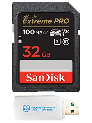 SanDisk 32 GB SD Extreme Pro UHS-I Speicherkarte funktioniert mit Sony Mirrorless Camera ZV-E1 (SDSDXXO-032G-GN4IN) C10 U3 V30 4K UHD Bundle mit (1) Everything But Stromboli SDXC Kartenleser von Everything But Stromboli