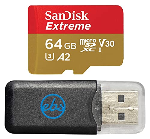 SanDisk Extreme 64GB V30 A2 microSDXC Speicherkarte für DJI Drohnen funktioniert mit Mini 3 Pro, Mini 3, DJI RC (SDSQXA2-064G-GN6MN) Class 10 Bundle mit (1) Everything But Stromboli Micro SD Kartenleser von Everything But Stromboli