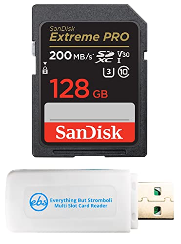 SanDisk Extreme Pro 128 GB UHS-I SDXC Speicherkarte funktioniert mit Sony spiegellose Kamera ZV-E1 (SDSDXXD-128G-GN4IN) U3 V30 4K UHD Bundle mit (1) Alles außer Stromboli SD-Kartenleser von Everything But Stromboli