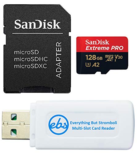 SanDisk Extreme Pro Micro-SD-Speicherkarte (SDSQXCD-128G-GN6MA), kompatibel mit GoPro Action-Kamera Hero 12, Schwarz, inkl. Everything But Stromboli MicroSDXC und SD-Kartenleser von Everything But Stromboli