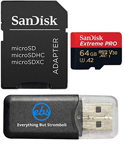 SanDisk Extreme Pro Micro-SDXC-Speicherkarte, 64 GB, funktioniert mit Insta360 ONE RS, One X3 Action-Kamera (SDSQXCU-064G-GN6MA), Bundle mit (1) Everything But Stromboli MicroSD-Kartenleser von Everything But Stromboli