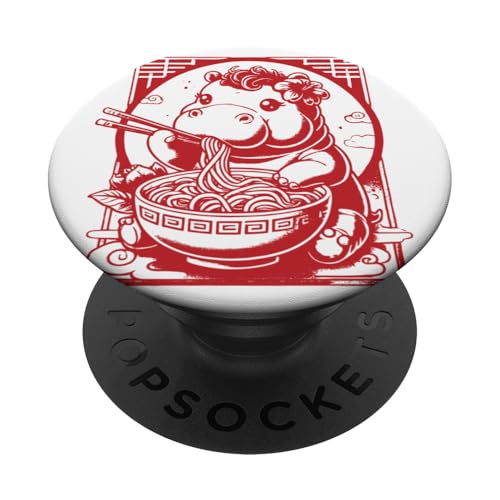 Niedliches Nilpferd isst Ramen-Nudeln im japanischen Stil PopSockets Klebender PopGrip von Everything Is Currency