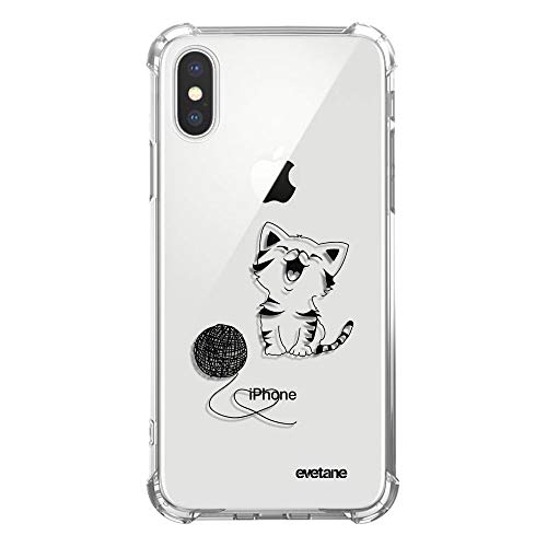 Evetane Schutzhülle, kompatibel mit iPhone X/XS, Silikon, stoßfest, robust, Rundumschutz, transparent, Katze und Wolle, Motiv Schrift von Evetane