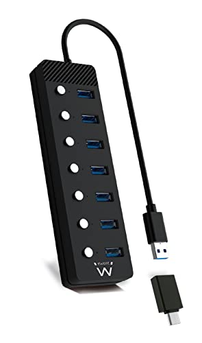 Ewent EW1147 Hub USB 3.2 Gen1, Concentrador USB, USB Splitter, 7 Puertos con interruptores Encendido/Apagado Individuales y Indicadores LED, con Cable de 1,2m, con Alimentación Adaptador 5V/3A, Negro von Ewent