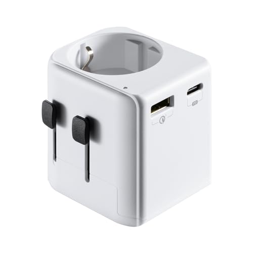 Ewent Universal Reiseadapte, Universal Schuko Reiseadapter mit 1 USB Typ C Ladegerät Anschluss und 1 USB Anschluss, Reiseadapter Weltweit von Schuko an Weltsteckdose aus Europa für über 150 Länder von Ewent