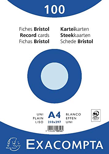 Exacompta 10316E Karteikarten (Packung mit 100, 250g, in Folie eingeschweißt, DIN A4, 21 x 29,7 cm, blanco, ideal für die Schule) 1er Pack blau von Exacompta