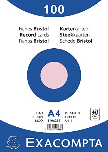 Exacompta 10336E Karteikarten (Packung mit 100, 250g, in Folie eingeschweißt, DIN A4, 21 x 29,7 cm, blanco, ideal für die Schule) 1er Pack rosa von Exacompta