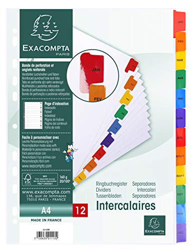 Exacompta 1113E Karton-Register Jan.-Dez- für DIN A4 aus Karton 12-teilig volle Höhe 21 x 29,7 cm weiß, bunte verstärkte Taben mit Indexseite Trennblätter Trennstreifen Ordner-Register, weiß | bunte Taben von Exacompta