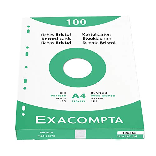 Exacompta 13666E Karteikarten (205q/qm Karton, holzfrei, DIN A4, blanco, gelocht) 100er Pack weiß von Exacompta