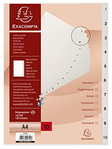 Exacompta 1710E Kunststoff-Register 1-10 für DIN A4 aus recyceltem Kunststoff 10-teilig volle Höhe 21 x 29,7 cm weiß mit bedruckten Taben Universallochung Blauer Engel Trennblätter Trennstreifen von Exacompta