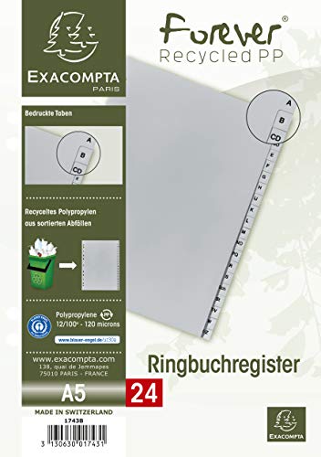 Exacompta 1743B Recycling Kunststoff-Register 24 Blatt mit bedruckten Taben A-Z für DIN A5 volle Höhe Ringbuchordner-Plastikregister für die ideale Ablage von Dokumenten Blauer Engel grau von Exacompta