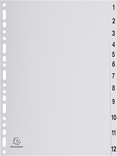 Exacompta 1912E Kunststoff-Register 1-12 für DIN A4 aus recyceltem Kunststoff 12-teilig volle Höhe 21 x 29,7 cm grau mit bedruckten Taben Universallochung Blauer Engel Trennblätter Trennstreifen von Exacompta