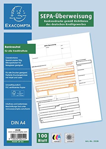 Exacompta 252B 100er Pack SEPA-Überweisungsformulare DIN A4 mikroperforiert bankneutral für alle Kreditinstitute von Exacompta