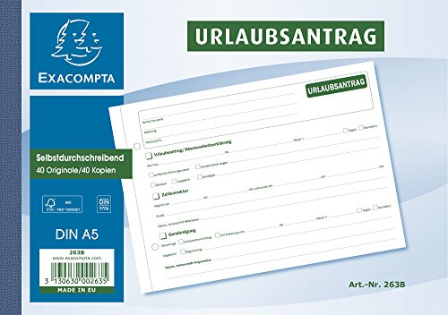 Exacompta 263B 2er Pack Urlaubsantrag DIN A5, 2 Blöcke á 40 Blatt, selbstdurchschreibend, Urlaubsanträge, Abwesenheitsantrag ideal für Ihr Untern von Exacompta