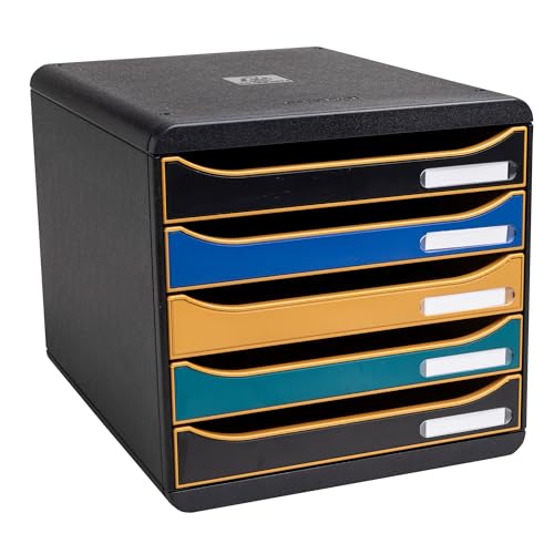 Exacompta 309505D Premium Ablagebox NeoDeco mit 5 Schubladen für DIN A4+ Dokumente. Stapelbare Schubladenbox mit hoher Kapazität für mehr Platz auf dem Schreibtisch Big Box Plus EcoBlack Schwarz von Exacompta