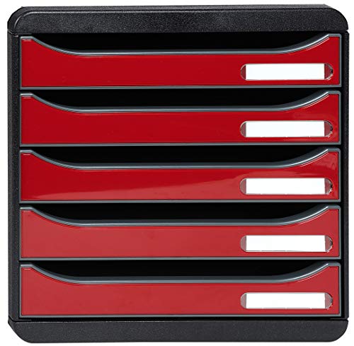 Exacompta 3097218D Premium Ablagebox mit 5 Schubladen für DIN A4+ Dokumente. Stapelbare Schubladenbox mit hoher Kapazität für mehr Platz auf dem Schreibtisch Big Box Iderama Schwarz|Karminrot von Exacompta