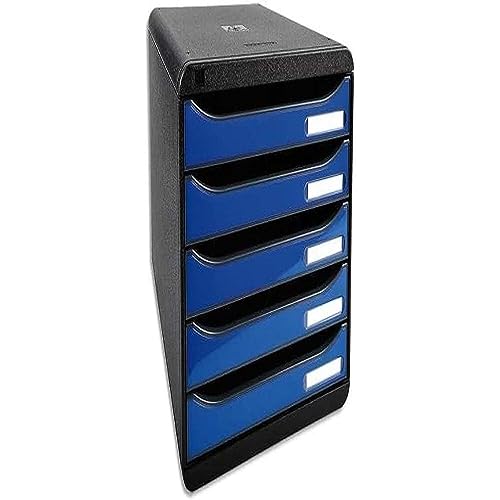 Exacompta 3097279D Premium Ablagebox mit 5 Schubladen für DIN A4+ Dokumente. Stapelbare Schubladenbox mit hoher Kapazität für mehr Platz auf dem Schreibtisch Big Box Iderama Schwarz|Eisblau von Exacompta