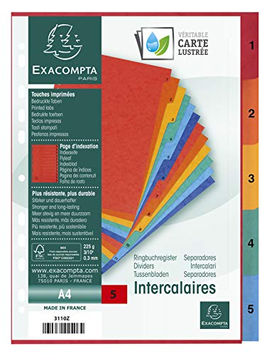 Exacompta 3110Z Premium-Register 1-5 für DIN A4 aus starkem Colorspankarton 5-teilig volle Höhe 22,5 x 29,7 cm vollfarbig 5 Farben mit Indexseite zum selbstgestalten Trennblätter Trennstreifen von Exacompta
