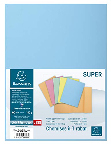Exacompta 348006E 100er Pack Aktemappen SUPER DIN A4 mit einer Klappe Pastellfarbe hellblau von Exacompta
