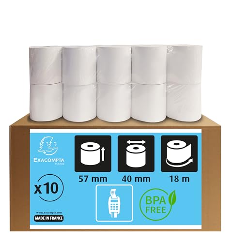 Exacompta 40339E 10er Pack Thermopapierrollen 1-lagig, Breite: 57mm, Länge 18m, Durchmesser Kern: 12mm 55g/m² Thermorolle für Kartenzahlung (EC Cash Geräte) von Exacompta