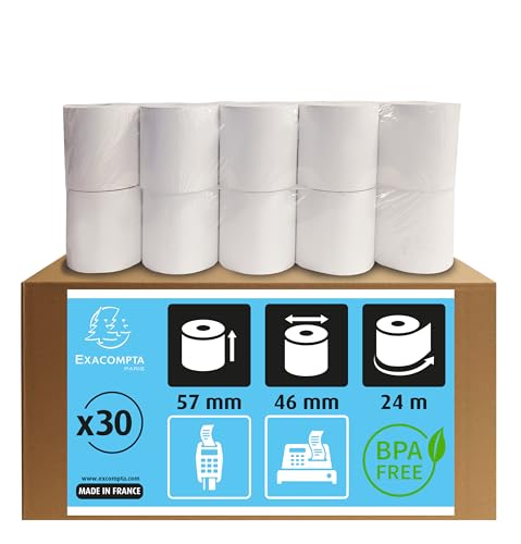 Exacompta 40915E 30er Pack Thermopapierrollen 1-lagig Breite: 57mm, Länge: 24m, Durchmesser Kern: 12mm 55g/m² rückseitig bedruckt für Kartenzahlung (EC Cash Geräte) von Exacompta