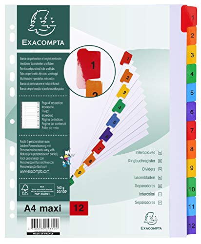 Exacompta 4112E Karton-Register 1-12 für DIN A4 MAXI aus Karton 12-teilig volle Höhe 24 x 29,7 cm weiß, bunte verstärkte Taben mit Indexseite Trennblätter Trennstreifen Ordner-Register von Exacompta
