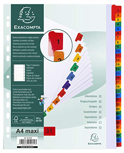 Exacompta 4131E Karton-Register 1-31 für DIN A4 MAXI aus Karton 31-teilig volle Höhe 24 x 29,7 cm weiß, bunte verstärkte Taben mit Indexseite Trennblätter Trennstreifen Ordner-Register Exacompta 4131E Karton-Register 1-31 für DIN A4 MAXI aus Karton 31-teilig volle Höhe 24 x 29,7 cm weiß, bunte verstärkte Taben mit Indexseite Trennblätter Trennstreifen Ordner-Register von Exacompta