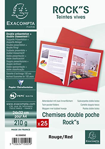 Exacompta 415005E Packung (mit 25 Aktendeckeln aus Manila-Karton, 2 Innenfächern, 220 g, DIN A4, 21 x 29,7 cm) kardinalrot von Exacompta