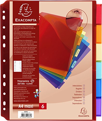 Exacompta 4834E Premium-Register mit Tasche für DIN A4 MAXI aus langlebigem Kunststoff 6-teilig volle Höhe 25 x 30 cm vollfarbig 6 Farben mit Etikettenbogen zum Beschriften Trennblätter von Exacompta