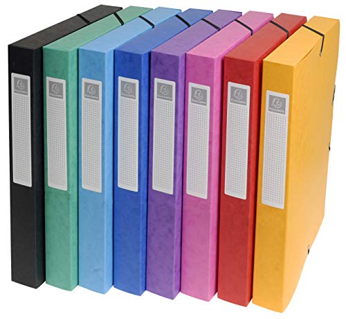Exacompta 50300E 8er Pack Premium Sammelboxen aufgebaut mit Gummizug 25 mm breit aus extra starkem Colorspan-Karton mit Rückenschild für DIN A4 Archivbox Heftbox Dokumentenbox farbig sortiert von Exacompta