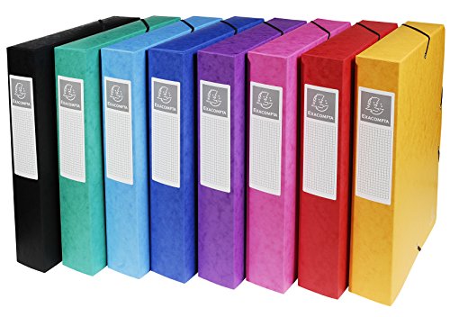 Exacompta 50600E 1 Abheftbox mit Gummibändern Exabox aus Glanzkarton 600g/m2 Rückseite 6 cm Maße 25 x 33 cm für A4-Dokumente zufällige Farbe wird montiert geliefert von Exacompta