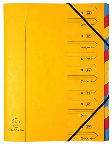 Exacompta 54129E Premium Ordnungsmappe geheftet. Aus extra starkem Colorspan-Karton DIN A4 12 vollfarbige bunte Fächer und 2 Gummizüge mit Organisationsdruck Ringmappe Register-Mappe gelb von Exacompta