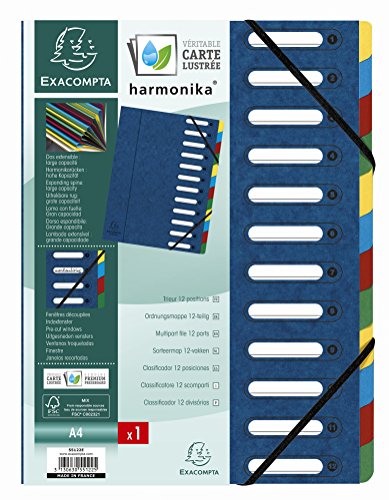 Exacompta 55122E Packung mit 6 Ordnungsmappen (Harmonika, DIN A4, 21 x 29,7 cm, 12 Fächer, aus Manila-Karton, Gummizug, Indexfenster) 6er Pack Blau von Exacompta