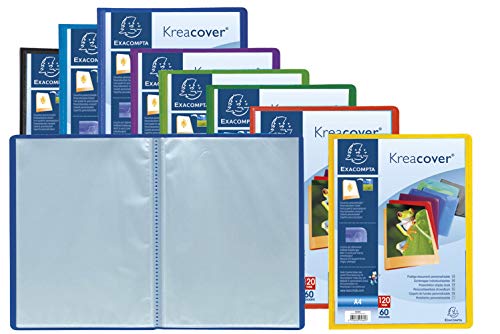 Exacompta 5660E 8er Pack Sichtmappe KreaCover aus Kunststoff DIN A4 mit 60 Klarsichthüllen, 120 Sichten, Tasche am Vorderdeckel zum selbstgestalten, Aktenhülle, Prospekthülle, farbig sortiert von Exacompta