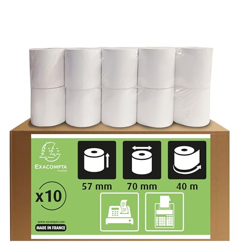 Exacompta 5770120V 10er Pack Kassenrollen, 1-lagig Offset(holzfrei) standard, Breite: 57 mm, Länge: 40 m, Durchmesser Kern: 12mm extra-weiß für Kassen, Tischrechner und Rechenmaschinen von Exacompta